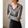 Directo de fábrica: Top de punto retro francés con cuello en V para mujer, corte ajustado, que realza la figura, versátil, de manga larga para otoño e invierno