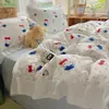 Juego de ropa de cama de cuatro piezas de algodón lavado con encaje color crema estilo japonés para niñas, funda de edredón estilo coreano, sábana bajera y funda de edredón, juego de tres piezas para dormitorio