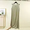 Vestido de Algodón y Seda Estampado de Verano para Mujer, Vestido tipo Camiseta sin Mangas, Cuello Redondo, Holgado, Transpirable, Casual, Vestido Largo que se Puede Usar Afuera