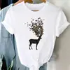 Camiseta con Estampado de Mariposas Florales de Dibujos Animados para Mujer, Moda de Verano, Unisex, Cuello Redondo, Tejido de Poliéster