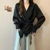 2024 plus size menina cheinha outono novo design de amarração com decote V top fino acetato de seda plissado manga longa