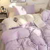 Juego de ropa de cama de cuatro piezas de terciopelo de leche de color liso, engrosado y con forro polar, que incluye una sábana bajera y una funda de edredón, adecuado para invierno