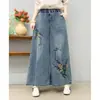 2026 Jeans Estilo Étnico Retrô Feminino Bordado Pesado Cor Lavada Cintura Elástica Calças Lanterna Casuais