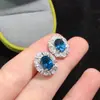 Pendientes de Plata S925 con Topacio Azul de Londres Natural Anillo de Gema de Lujo Transfronterizo Europeo y Americano Femenino en Vivo
