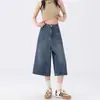 Calça Jeans Capri Azul Wide Leg Estilo Retrô Americano Feminina Verão 2025 Nova Cintura Alta Emagrecimento Reta Curta