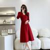Ropa Nueva de Otoño e Invierno con Vestido Rojo de Punto con Cuello en V para Mujer, Suéter Elegante, Falda Larga para Mujer