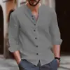Camisa de hombre de algodón y lino, holgada, de manga larga, color liso, cuello en V, botones, estilo casual retro americano de resort, venta al por mayor del fabricante, para primavera y otoño