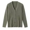 Elegante cárdigan de punto trenzado gris vintage con cuello en V para mujer, suéter abrigo versátil de otoño de manga larga y corte holgado de longitud media