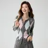 Cárdigan de Cachemira para Mujer 2026 Otoño Estilo Francés-Británico Bloque de Color Patrón de Diamantes Tejido Jacquard Abrigo Cárdigan Suéter