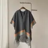 Xale de Franjas Imitação de Caxemira Color-Blocked Retrô para Mulheres, Moda Outono e Inverno, Versátil, De Alta Qualidade, Manto Externo Quente