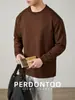 Camiseta Masculina Jacquard Pied-de-Poule com Textura Canelada, Gola Redonda, Manga Longa, Adequada para Primavera e Outono, Caimento Casual e Relaxado