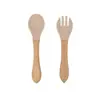 Cuchara Tenedor de Silicona para Bebé Dumo con Mango de Madera traje Cuchara Tenedor para Alimentación Infantil Suave Resistente a Caídas Alimentos Complementarios para el Hogar del Bebé