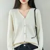 Cárdigan de Punto de Algodón Puro con Cuello en V Estilo Minimalista para Viajes Diarios para Mujer, Suéter de Diseño Francés con Botones, Ropa de Abrigo de Manga Larga