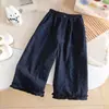 Calça elegante de poá com perna larga para meninas, nova coleção primavera/outono, doce e fofa, modelagem solta, com acabamento em renda, calça longa, calça casual para bebês meninas