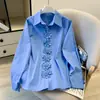 Foto Real de la Nueva Camisa de Estilo Otoñal con Diseño Floral Tridimensional, Elegante, Holgada, de Manga Larga para Mujer, Única y a la Moda