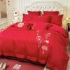 Juego de cama de cuatro piezas de alta gama con bordado de dragón y fénix, color rojo, sábana, funda de edredón, juego de cama cepillado de cuatro piezas para bodas
