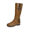 Botas de caballero de tubo largo con tacón cuadrado, nuevas de otoño e invierno para mujer, de talla grande para comercio transfronterizo, cremallera lateral con hebilla de cinturón, botas de tubo alto, botas de cuero para mujer