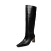 Botas de cuero tipo caballero para mujer, botas altas de tubo largo, nuevo estilo otoño e invierno, botas hasta la rodilla sin cordones de tacón alto y punta cuadrada de cuero genuino, botas rectas para mujer