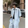 Traje de Camisa con Protección Solar de Seda de Hielo Azul Cielo Triacetato para Hombre Verano Cleanfit Atractivo Conjunto de Camisa de Manga Corta y Pantalones Cortos