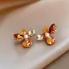 Pendientes de Flor de Cristal Perla Maillard Vintage Aguja Plateada, Pendientes de Lujo Ligero de Gama Alta, Accesorios para Orejas de Moda Francesa de Nicho