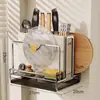 Suporte para facas e prateleira de armazenamento, porta-utensílios de cozinha multifuncional, tábua de corte integrada, suporte magnético para facas, suporte para tábua de corte de bancada para facas de cozinha