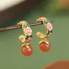 Brincos de Prata Esterlina S925 Banhados a Ouro Ágata Vermelha do Sul Brincos Contas Redondas Estilo Nacional Moda Nacional Flores Rosas Temperamento Feminino