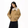 Chaqueta caqui de estilo americano con patchwork a rayas y cuello de solapa para mujer, otoño casual versátil retro hip-hop, moderna