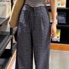 ¡Altamente Recomendado! Pantalones a Cuadros Retro Azul Marino con Cordones para Mujer, Verano Elásticos de Cintura Alta Sueltos Rectos de Pierna Ancha