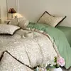 Juego de Cuatro Piezas de Algodón Puro Estilo Francés con Encaje de Pompones, Funda Nórdica con Nuevo Diseño Floral Vintage, Sábana Plana y Sábana Ajustable Juego de Tres Piezas