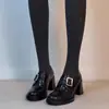 Mocassins retrô de couro estilo britânico com salto grosso para mulheres, bico redondo, com detalhes de fivela, versáteis, de sola grossa e de salto alto