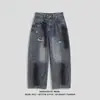 Jeans Rasgado Lavado Retrô Americano Estilo Grafite Perna Larga Streetwear Scimitar High-End Calça Longa Tendência