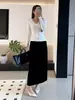 Saia midi de veludo, preta, estilo retrô, elástica, com fenda nas costas, saia feminina, elástica, tecido fluido, cós elástico, nova