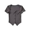 Camiseta de Verano Estilo Americano Retro Cuello Cuadrado Clavícula Manga Corta para Mujer Chicas Calientes Ajustada Adelgazante Diseño de Botones Top Corto