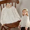 [Venta de Liquidación] Vestido Largo de Pana con Forro Polar Floral Otoño e Invierno para Niños, Estilo Nórdico con Cuello Alto Fruncido