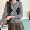 26 estilos de cárdigans de punto con patrón de rombos estilo francés para mujer, holgados y casuales, chaquetas tipo suéter de cuello redondo para otoño e invierno
