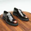 [Pré-venda Fora de estoque] Sapatos de Couro Brilhantes Masculinos Couro Genuíno Três Articulações Britânicos Business Dress Plataforma Fivela Sapatos Mengke