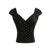Top Sexy de Estilo Americano/Ins con Escote en V Profundo, Mangas Cortas, Aberturas Delanteras y Traseras, Verano, Espalda Descubierta, Ceñido a la Cintura, Corte Ajustado, Camiseta Corta de Lunares