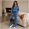 Conjunto de Punto Europeo de Estilo Perezoso Otoño Invierno para Mujer Bestseller Transfronterizo Sudadera con Media Cremallera y Mangas Largas Pantalones de Pierna Ancha Conjunto de Dos Piezas