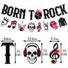 Recién llegado, decoración para fiesta con temática de música rock, bandera para tirar, flor para tirar, decoración para fiesta de cumpleaños con música rock, etiqueta colgante en espiral