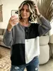 Suéter de punto de bloque de color de otoño e invierno de talla grande para mujer, superventas transfronterizo europeo y americano, con cuello redondo, colores contrastantes, patrón de cuadrícula cuadrada, diseño de hombros caídos y mangas largas
