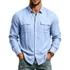 Camisa de lino para hombre de manga larga con cuello, multi-bolsillos, casual, versátil, transpirable, para primavera y otoño, Amazon europeo y americano transfronterizo