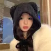 Gorro de Invierno para Mujer Dulce y Lindo con Oso, de Encaje, Cálido, Engrosado, Tejido, para Rostro Pequeño y Circunferencia de Cabeza Grande