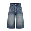 Diseño de Marca Trendy Estilo Americano con Bordado de Nota Musical, Lavado y Desgastado, Shorts de Mezclilla Rectos Sueltos de Verano Unisex