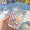 Taza colorida con popote y tapa vaso de vidrio portátil regalo vaso de agua venta al por mayor transfronteriza tazas para estudiantes vidrio engrosado