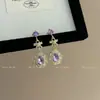 Indústria Pesada Luxo Leve Alto Padrão Pingente Roxo Gota d'Água Clipe de Orelha Sem Furos na Orelha Moda Doce Brinco Laço com Diamante Feminino
