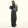26 Pantalones Casuales de Lana Otoño Invierno Cintura Baja Botón Sueltos de Pierna Ancha hasta el Suelo Gris Oscuro Negro para Mujer Soporte Dropshipping