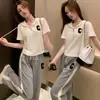 593# Conjunto Esportivo Casual Feminino 2023 Verão Estilo Coreano Nova Moda Tamanho Grande Solto com Capuz Manga Curta Conjunto de Duas Peças