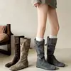 Couro Macio~Salto Escondido Amassado Empilhado Botas Longas Femininas Retrô Outono Novo Cano Alto Botas Longas de Duas Vias Botas de Equitação