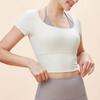 Nova camiseta feminina de manga curta com mangas curtas e mangas curtas para esportes com almofada no peito Running Sports Top