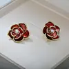 Brincos da Moda Estilo Coreano, Frescos e Doces com Gotejamento de Óleo de Flor, Brincos Populares Transfronteiriços de Flor Rosa com Pérolas para Mulheres